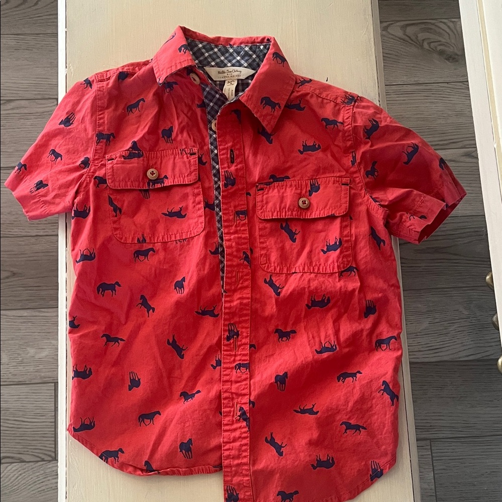 Matilda Jane Red Button Down Shirt with Animal Print